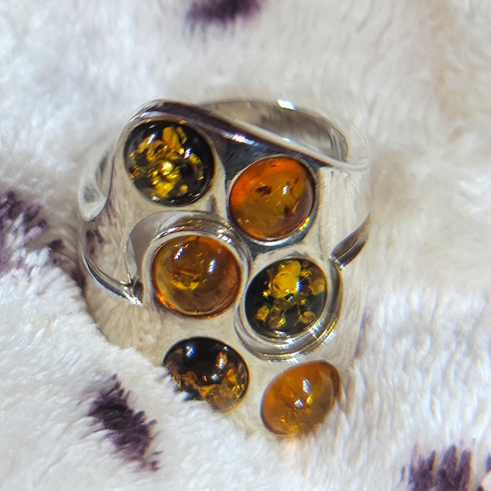 Natural Amber Sterling Silver Stackable Puzzle La… - image 1